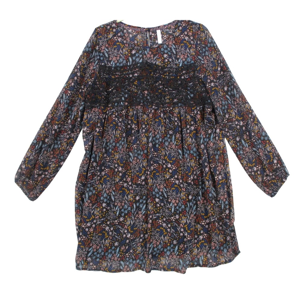 Xhilaration Women XL Floral Lace Inset Long Sleeve Mini Dress Black Boho Chiffon